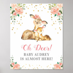 Poster Oh Deer Woodland Baby Girl Douche Pêche Floral