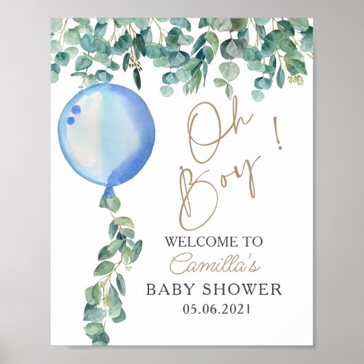 Poster Oh garçon Eucalyptus Baby shower bleu ballon (Devant)