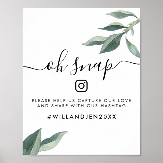 Poster Oh Snap Mariage Hashtag | Feuilles aquarelles (Devant)