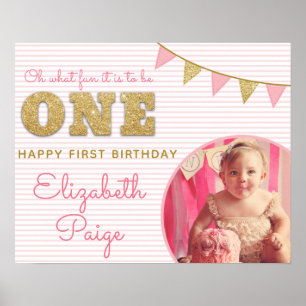 Poster Oh What Fun to be ONE Pink & Gold First Birday