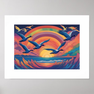 Poster Oies au-dessus de la plage à Sunrise