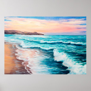 Poster  oil painting of beautiful purple sunset over ocea