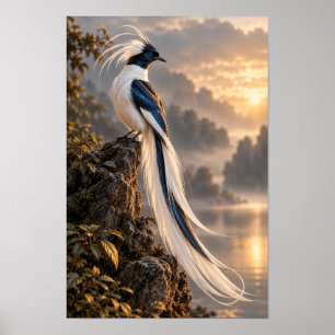 Poster Oiseau à longue queue crêté au coucher de soleil d