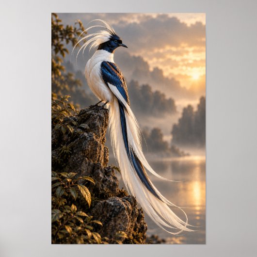 Poster Oiseau à longue queue crêté au coucher de soleil d (Devant)