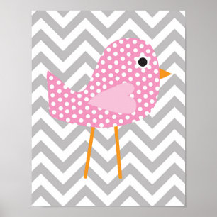 Poster Oiseau à pois rose, chambre à coucher Chevron gris