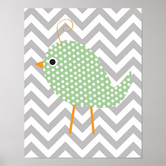 Poster Oiseau à pois vert, chambre de bébé en chevron gri (Devant)