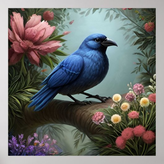 Poster Oiseau bleu brillant perché sur une branche (Devant)