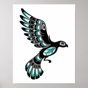 Poster Oiseau bleu de vol et noir turquoise d'esprit de