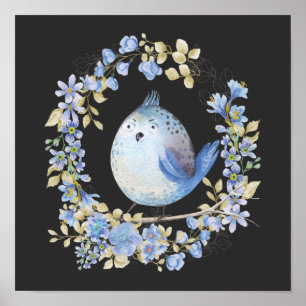 Poster Oiseau bleu en couronne fleurie