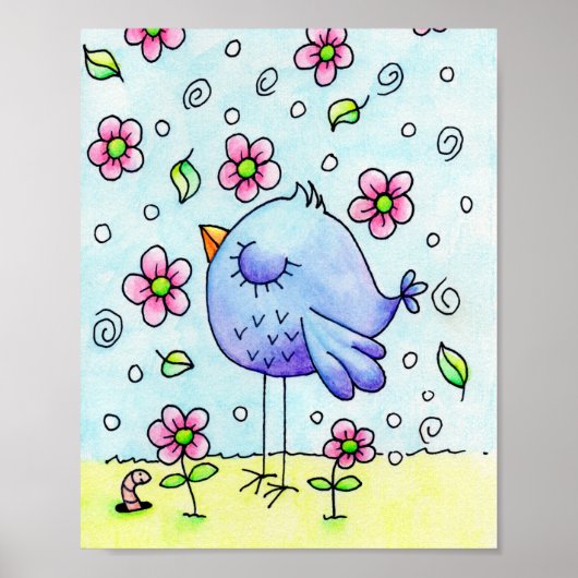 Poster Oiseau Bleu Fantaisiste Et Fleurs (Devant)