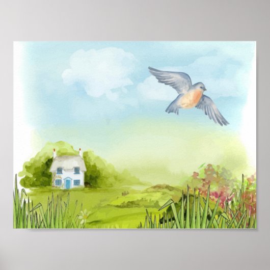 Poster Oiseau bleu paisible et petite maison Paysage (Devant)