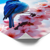 Poster Oiseau bleu sur branche de fleurs de cerisier (Coin)