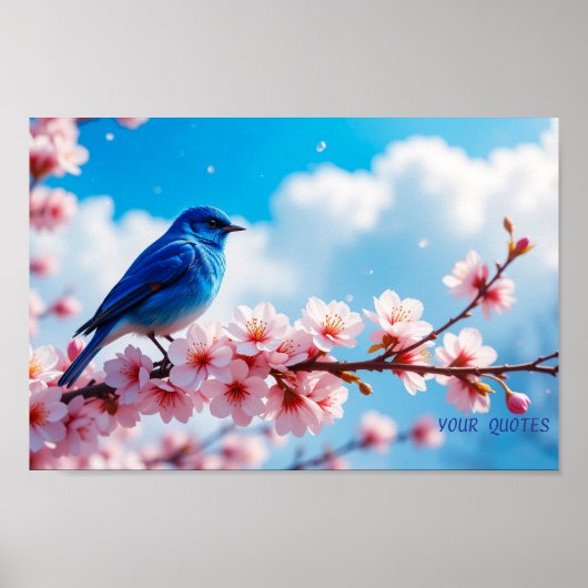 Poster Oiseau bleu sur branche de fleurs de cerisier (Devant)