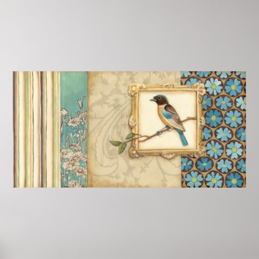 Poster Oiseau Brown et bleu sur une branche (Devant)