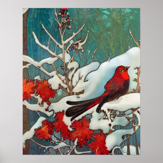 Poster Oiseau cardinal rouge dans la neige (Devant)