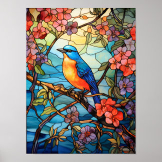 Poster Oiseau chanteur dans l'art de vitrail d'arbre à fl