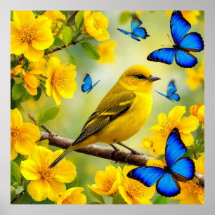 Poster Oiseau chanteur jaune vif perché sur une branche