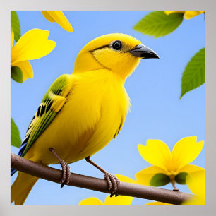 Poster Oiseau chanteur jaune vif perché sur une branche