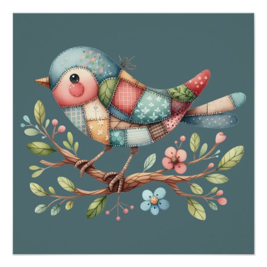 Poster Oiseau chanteur patchwork sur branche fleurie (Devant)