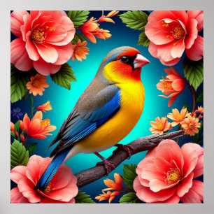 Poster Oiseau chanteur perché parmi des fleurs éclatantes