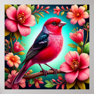Poster Oiseau Coloré Perché Branche Art De La Nature