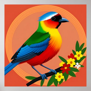 Poster Oiseau Coloré Perché Parmi Des Fleurs Vibrantes