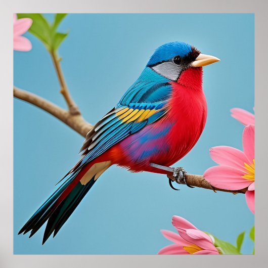 Poster Oiseau Coloré sur Branche en Fleurs (Devant)