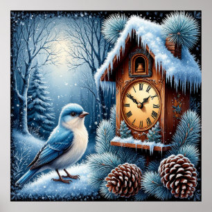 Poster Oiseau, Cônes de Pin et Horloge en Bois