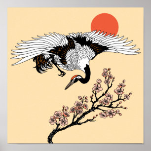 Poster Oiseau de grue japonais et sakura en fleurs