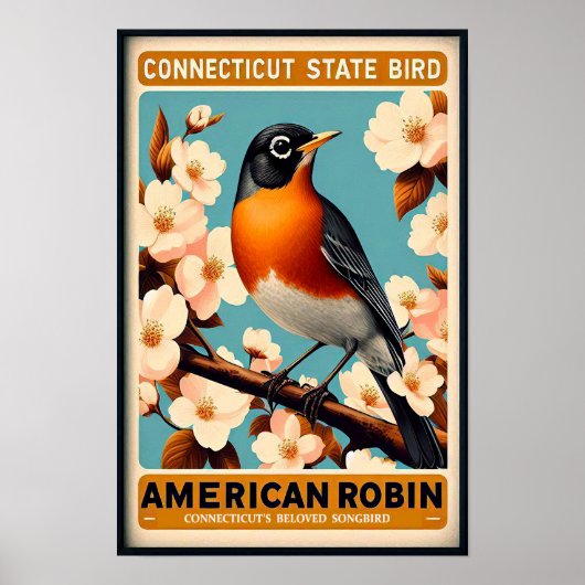 Poster Oiseau de l'État du Connecticut - Merle d'Amérique (Devant)