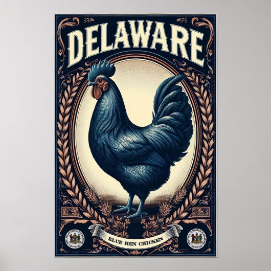 Poster Oiseau de l'État du Delaware - Poule Blue Hen Vint (Devant)