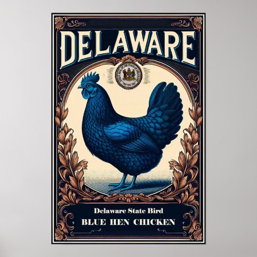 Poster Oiseau de l'État du Delaware - Poule Blue Hen Vint (Devant)