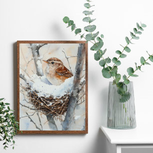 Poster Oiseau de neige d'hiver dans un nid d'arbre aquare