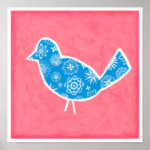 Poster Oiseau décoratif avec motifs sur fond rose