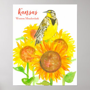 Poster Oiseau d'État du Kansas Meadowlark Tournesol