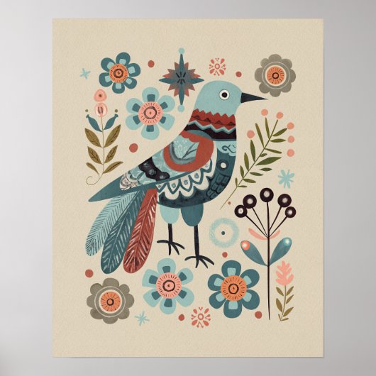 Poster Oiseau en forêt - Cuckoo en Fleur Art populaire (Devant)