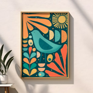 Poster Oiseau et feuilles inspirés du milieu du siècle mo