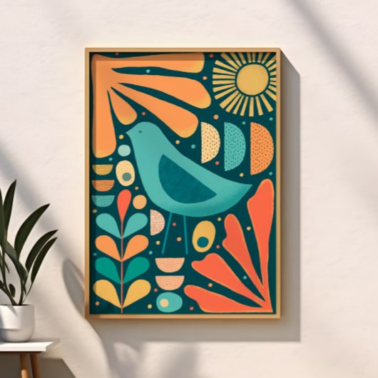 Poster Oiseau et feuilles inspirés du milieu du siècle mo