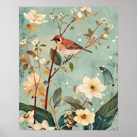 Poster Oiseau et fleurs (Devant)