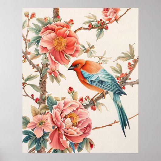 Poster Oiseau et fleurs (Devant)