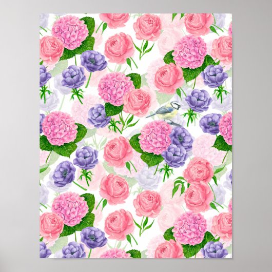 Poster Oiseau et fleurs (Devant)