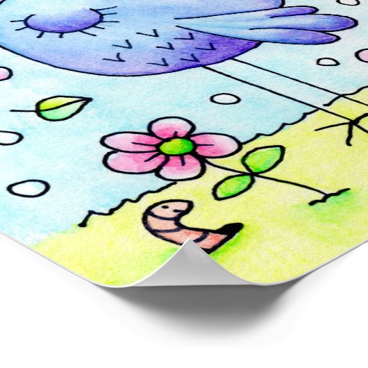 Poster Oiseau Et Fleurs Bleus Whimsical (Coin)