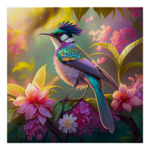 Poster Oiseau fantastique à ailes arc-en-ciel et crête bl