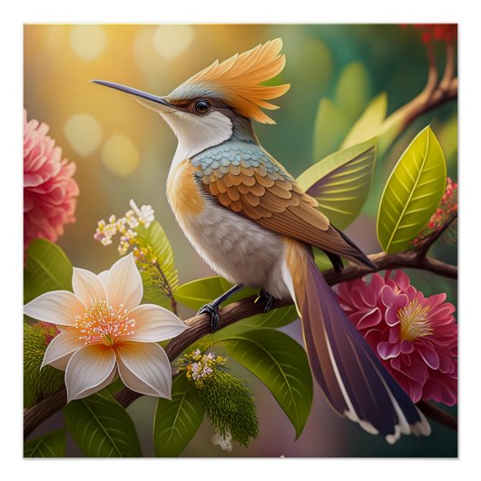 Poster Oiseau Fantastique à Crête Dorée (Devant)
