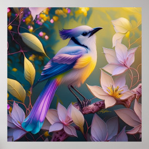 Poster Oiseau Fantastique Violet à Tufté et Poitrine Jaun