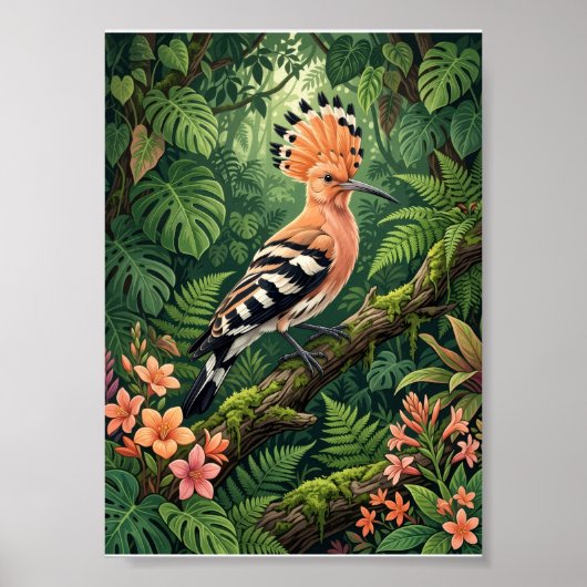 Poster Oiseau huppe Branche tropicale Botanique Faune Fle (Devant)