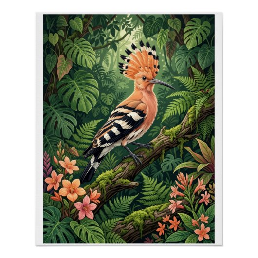Poster Oiseau huppe Branche tropicale Botanique Faune Fle (Devant)