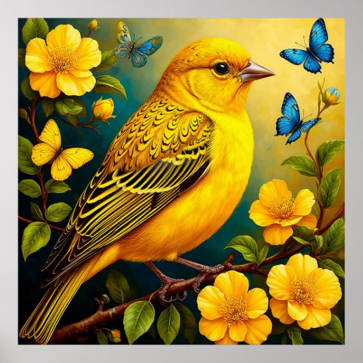 Poster Oiseau Jaune Perché Parmi Les Fleurs Lumineuses (Devant)