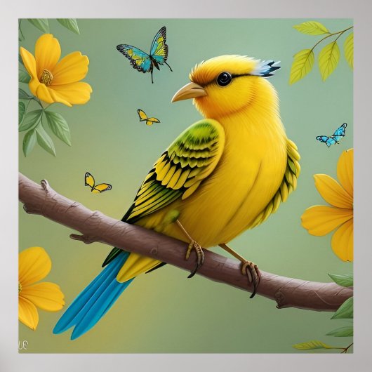 Poster Oiseau jaune sur une branche (Devant)