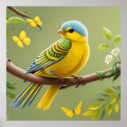 Poster Oiseau jaune vibrant sur une branche (Devant)